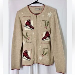 CROFT & BARROW Tan Skating Full Zip Emroidered Sweater NWOT